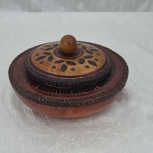 Wooden Hand Carved Brass Inlay Trinket Bowl Vintage Jewelry Decorative Folk Art